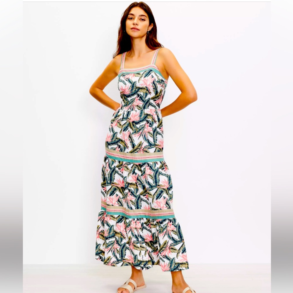 LOFT Tropical Leaf Print Maxi Dress in Pink, Green, White